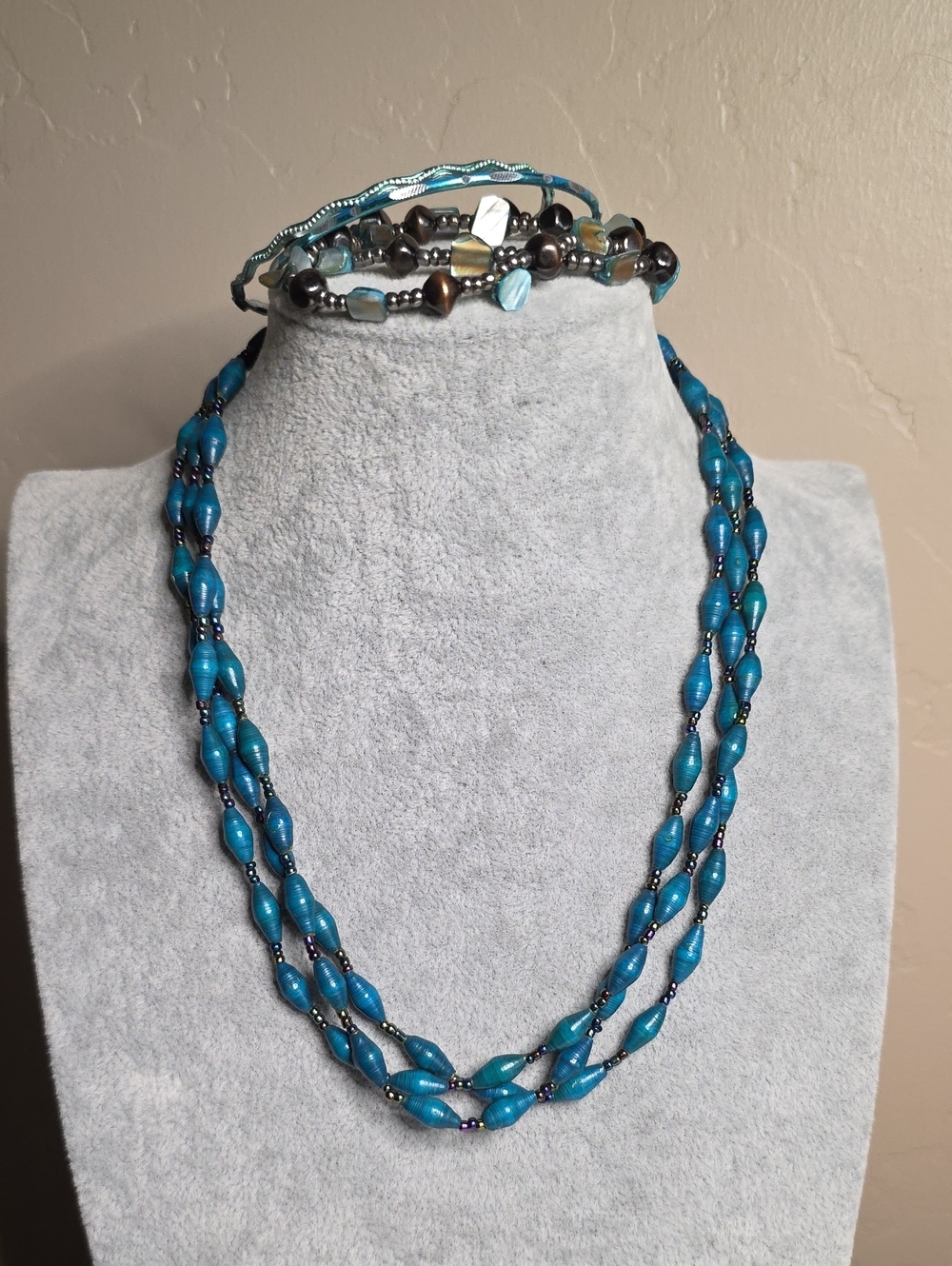 Boho Teal Paper Bead 3-strand Necklace & Stacked Bracelet Bundle